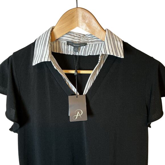 Adrianna Papell Striped Collared Knit V-Neck Flutter Sleeve Top Womens Small NWT - Picture 3 of 13